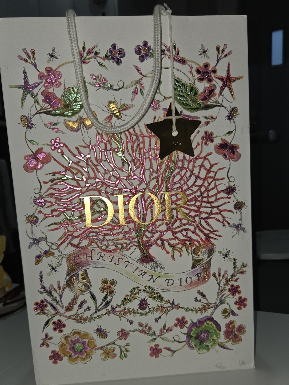 Dior Gold Pink Green Floral Embossed Shopping Gift Bag